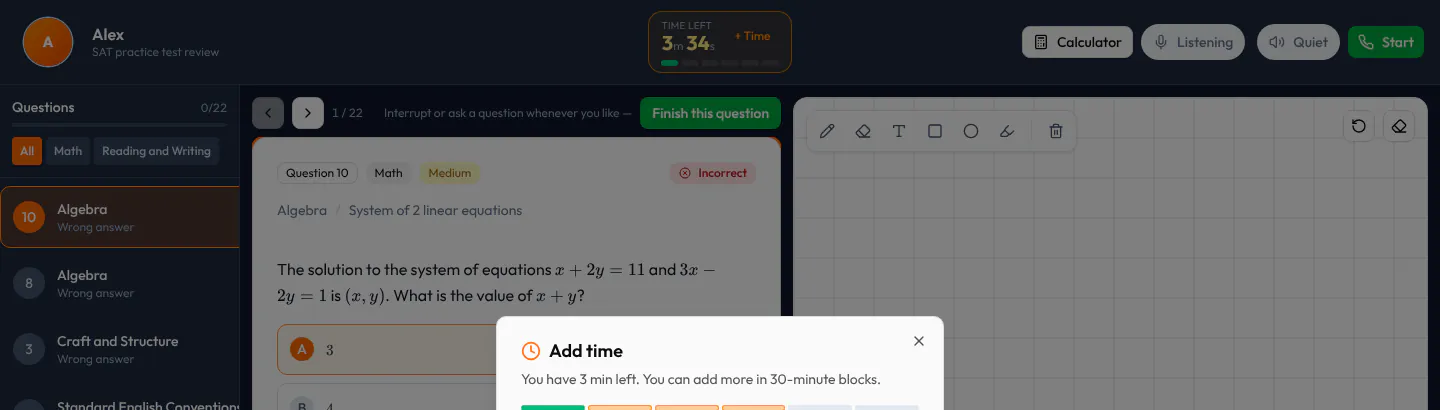 Add-time dialog: the time left, and that time is added in 30-minute blocks.